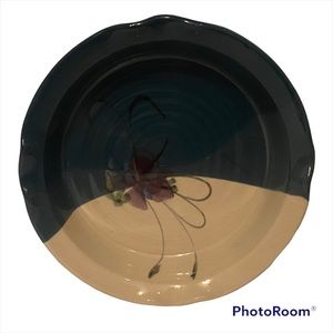 KENT FOLLETTE STUDIO ART POTTERY PIE PLATE GREEN CREAM FLOWER HOME KITCHEN BAKE